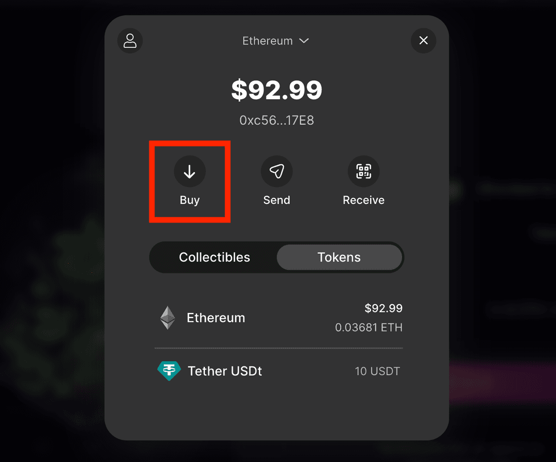 Wallet interface with buy button