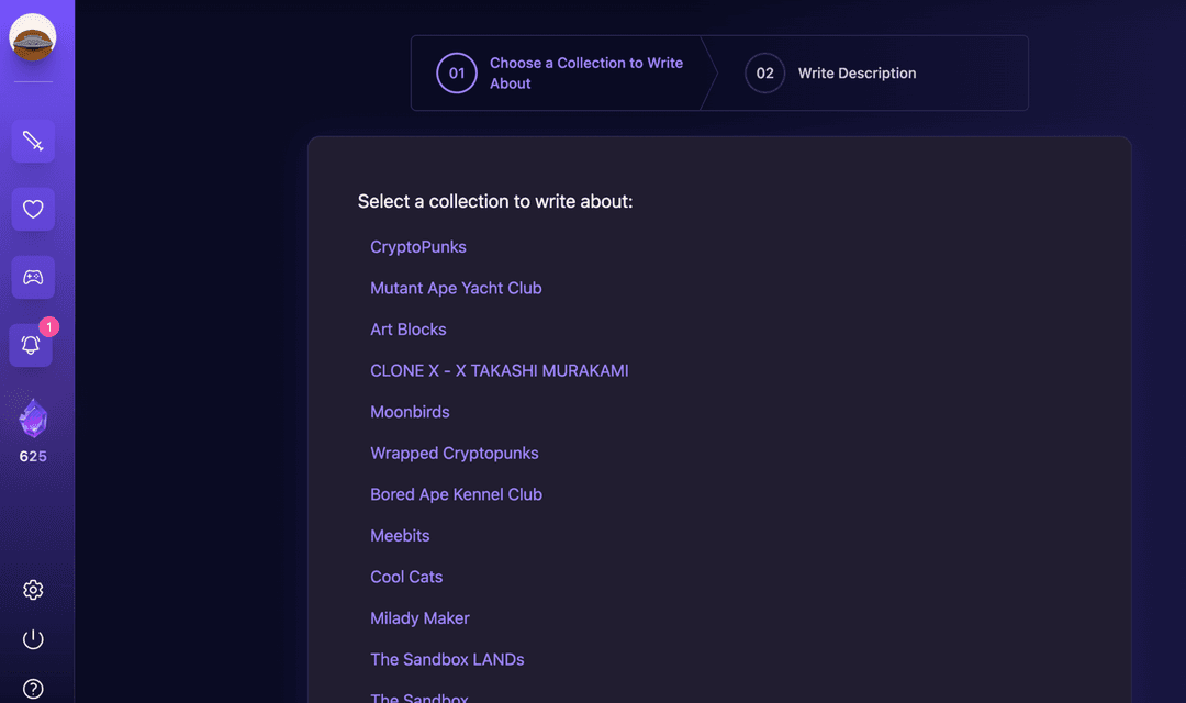 screenshot of selecting a collection to write about